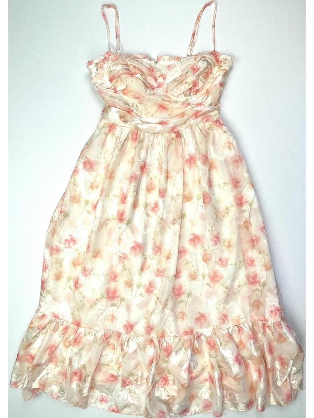 STORIA Rose Print Midi Dress Cream Pink Floral Cottage Romantic Summer Small